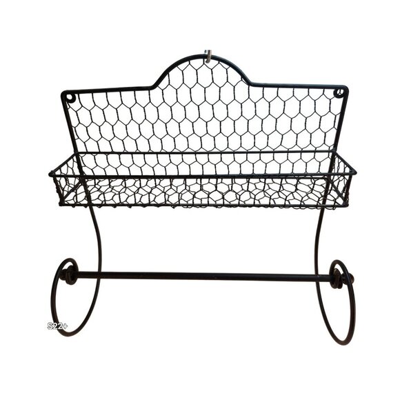Black Metal Wire Wall-Mounted Shelf & Paper Towel Holder With Decorative Chicken - Picture 1 of 8